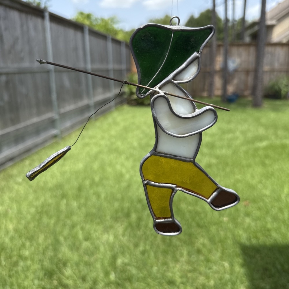 Vintage Stained Glass Suncatcher Window Decor Boy Man Going Fishing w Pole
